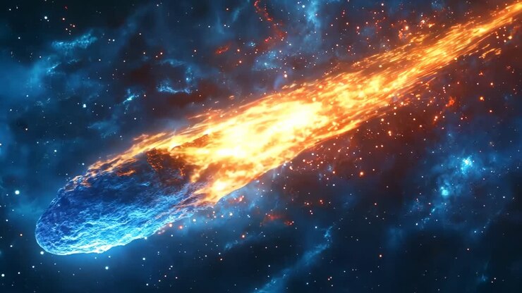 A comet is flying through space with a bright orange tail. The comet is surrounded by a blue sky and stars
