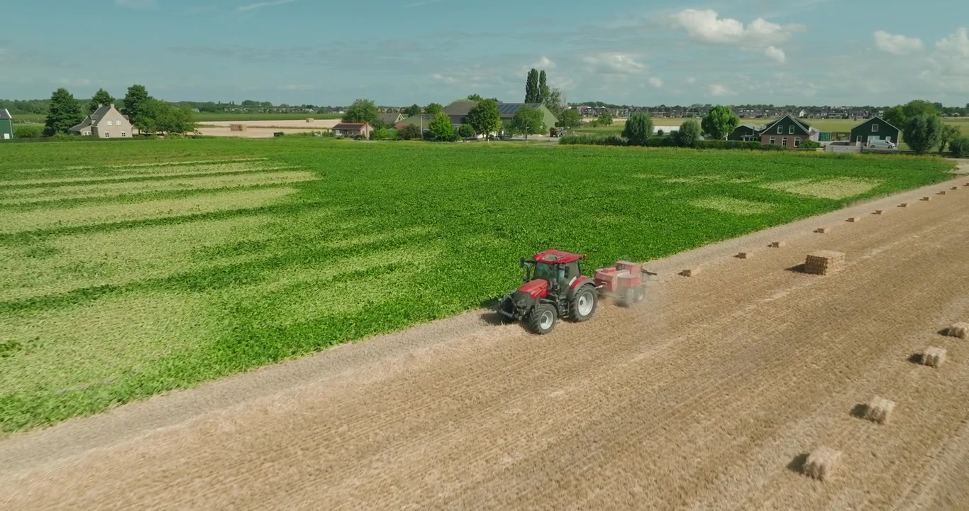 Un drone survole des andains de blé récolté tandis qu'un tracteur rouge met la paille en balles dans une ferme de la campagne néerlandaise sous un ciel d'été bleu clair, mettant en valeur l'agriculture moderne et les paysages ruraux