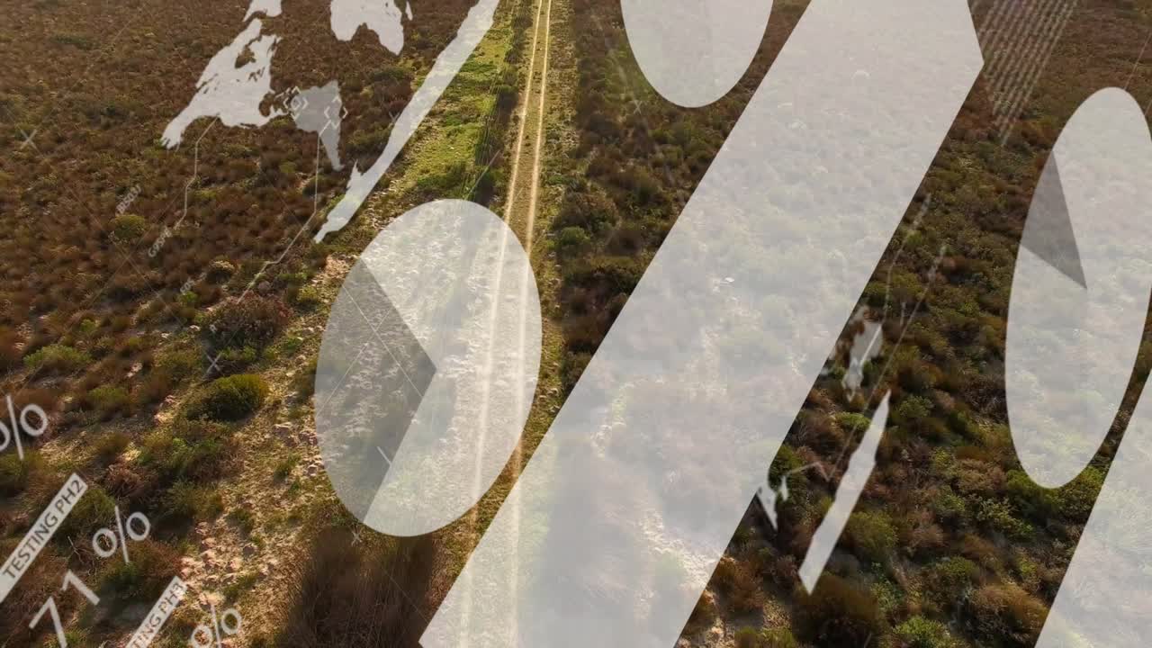 Flying camera following dirt track while HUD graphics appearing from left to display route data