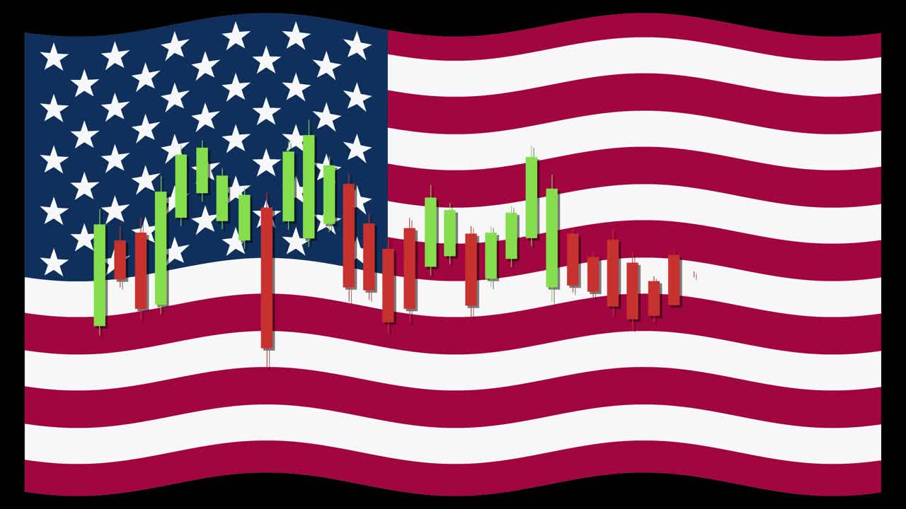 US flag waves as animated candlestick stock chart grows, fluctuates, and trends downward over time