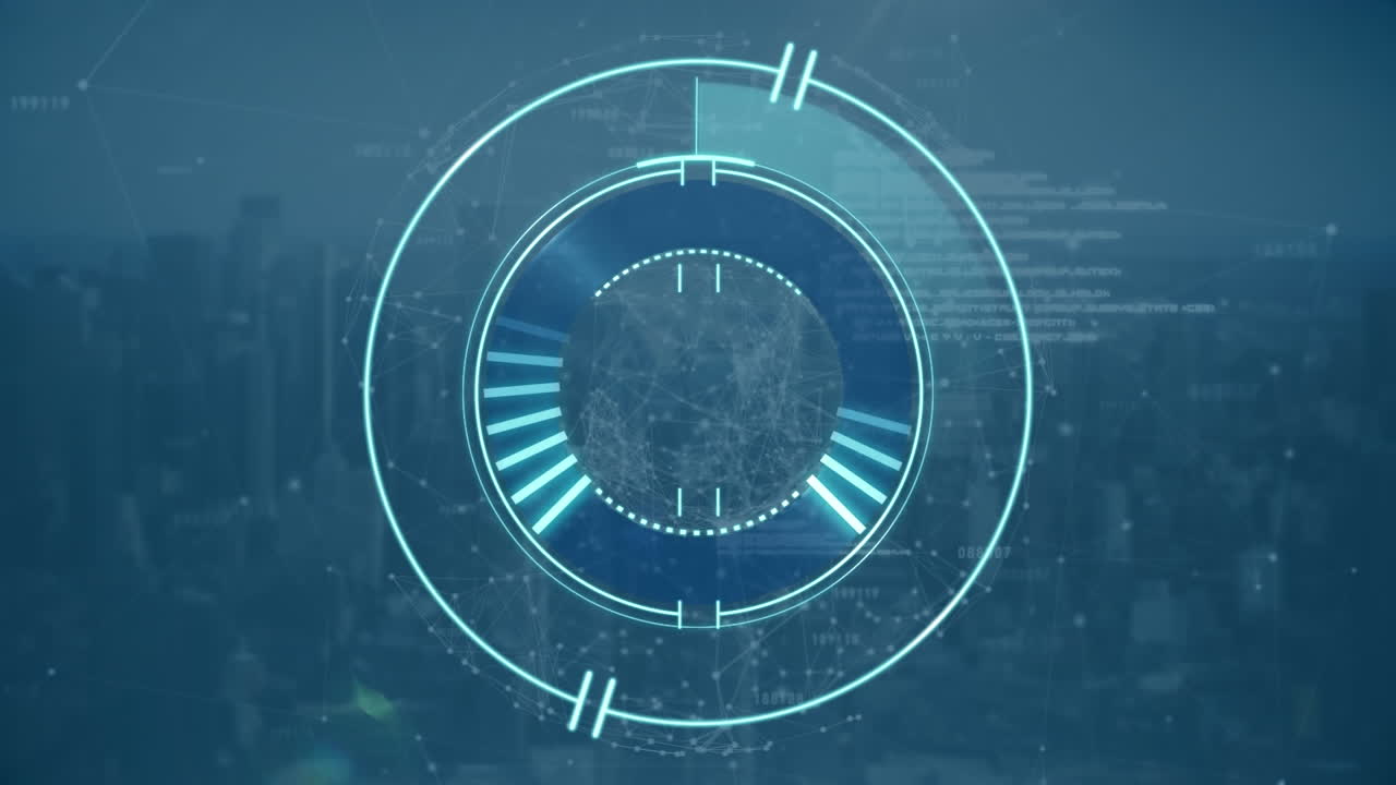 Animation of scope scanning, data and statistics processing over cityscape