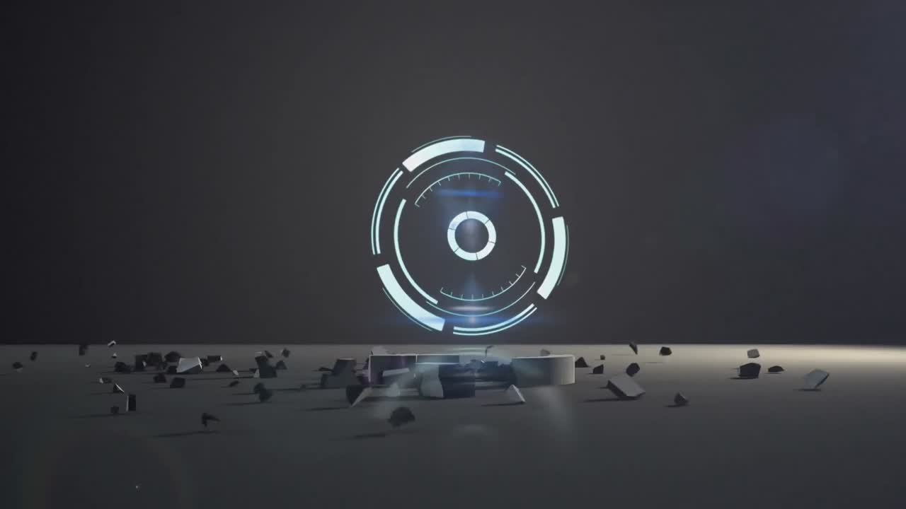 네온 둥근 스캐너가 회색 배경에 떨어지고 깨지는 유로 화폐 기호 위에 있습니다.