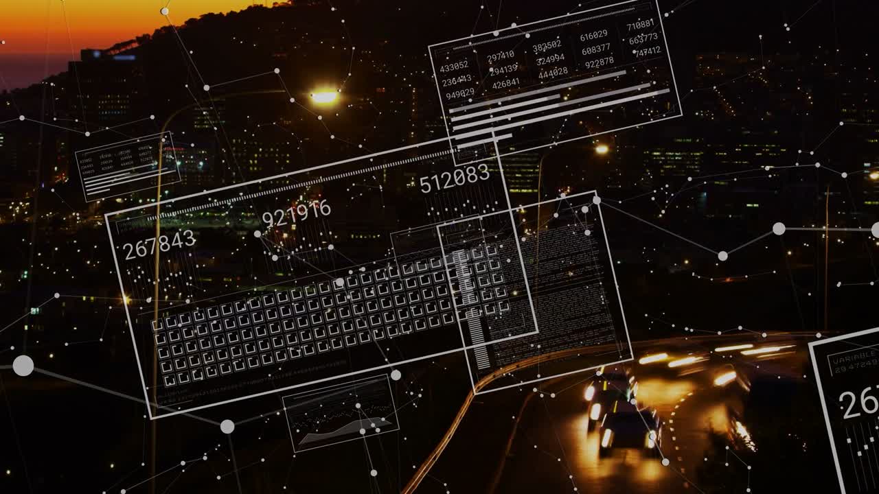 広大な都市の全景が現れ、UIパネルが起動し、傾きながら数字が更新され、高速道路上の交通データが表示される様子。