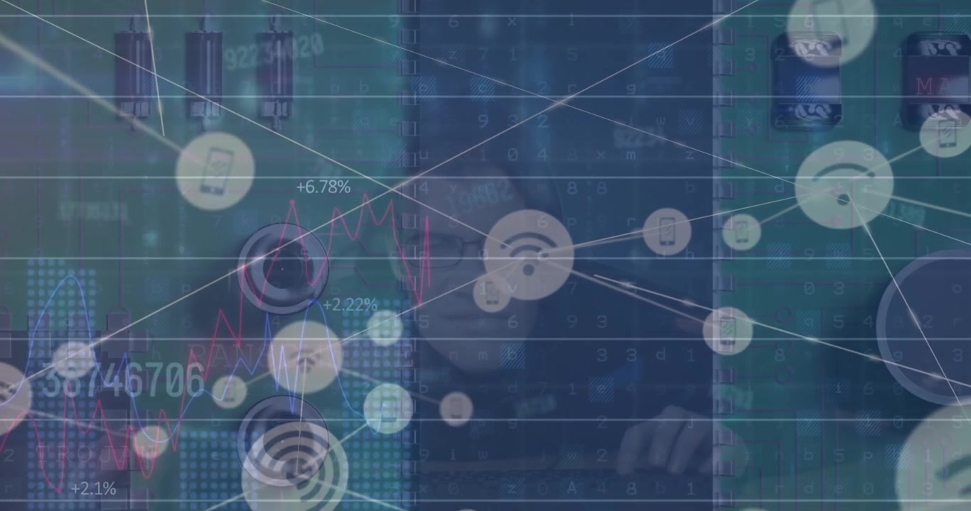 Animation of digital interface and network of connections over hacker