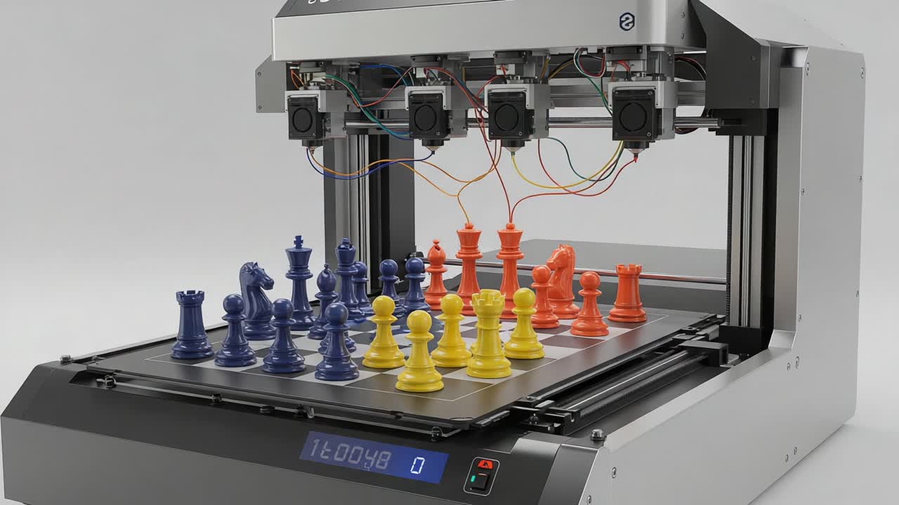 A Cutting-Edge Chess Playing Robot Competing on a Smart Board with Colorful Pieces, Showcasing Advanced AI Technology and Precision Movement in Gameplay