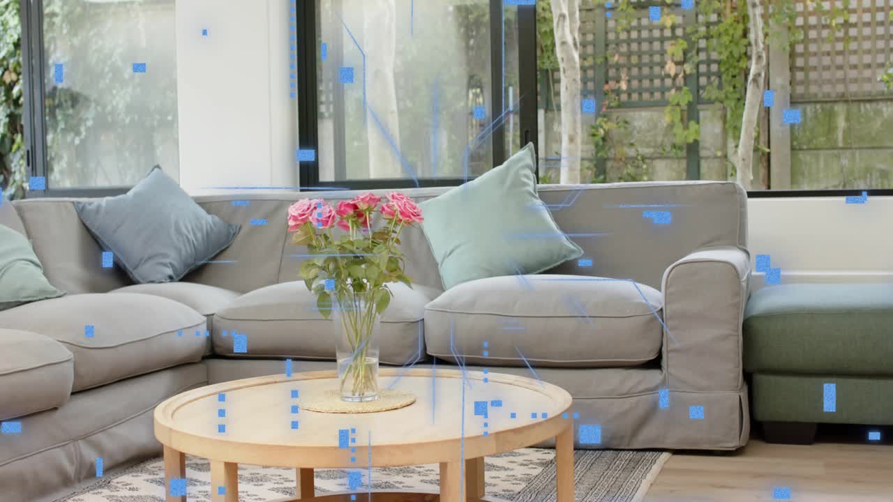 Gray sofa, wood table and vase getting blue dots starting frame two, forming circuits, showing data