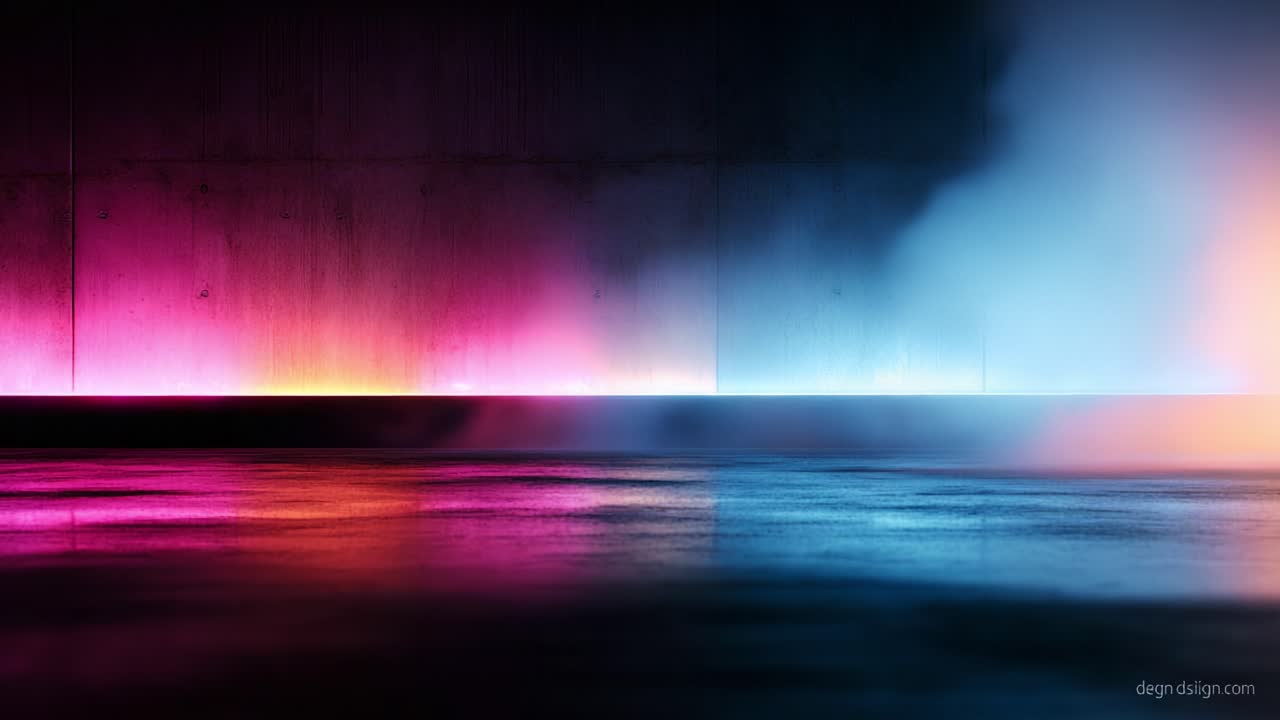 A Stunning Display of Vibrant Colors and Ethereal Smoke Over a Reflective Surface Creating an Atmospheric Scene with Mesmerizing Lighting Effects in a Contemporary Environment