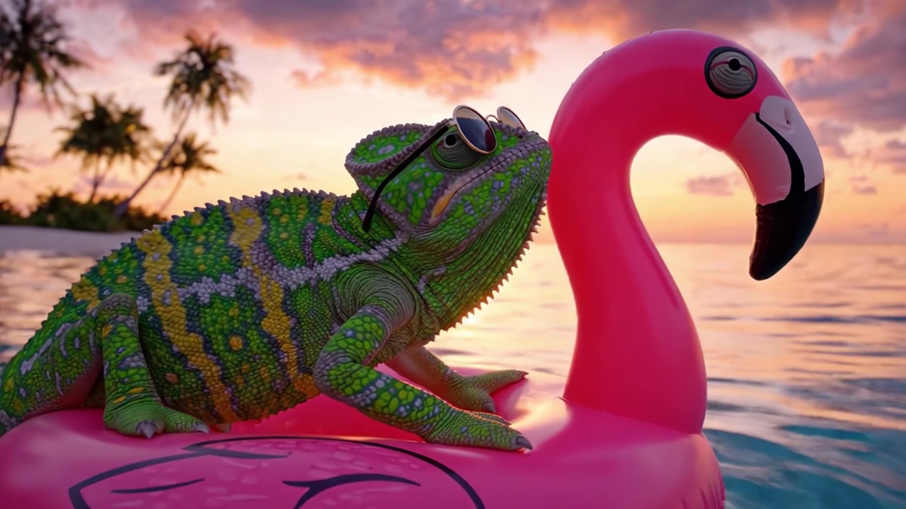 Um Camaleão Peculiar Relaxando em um Inflável de Flamingo Rosa em um Paraíso Tropical ao Pôr do Sol, Cercado por Águas Calmas e Palmeiras
