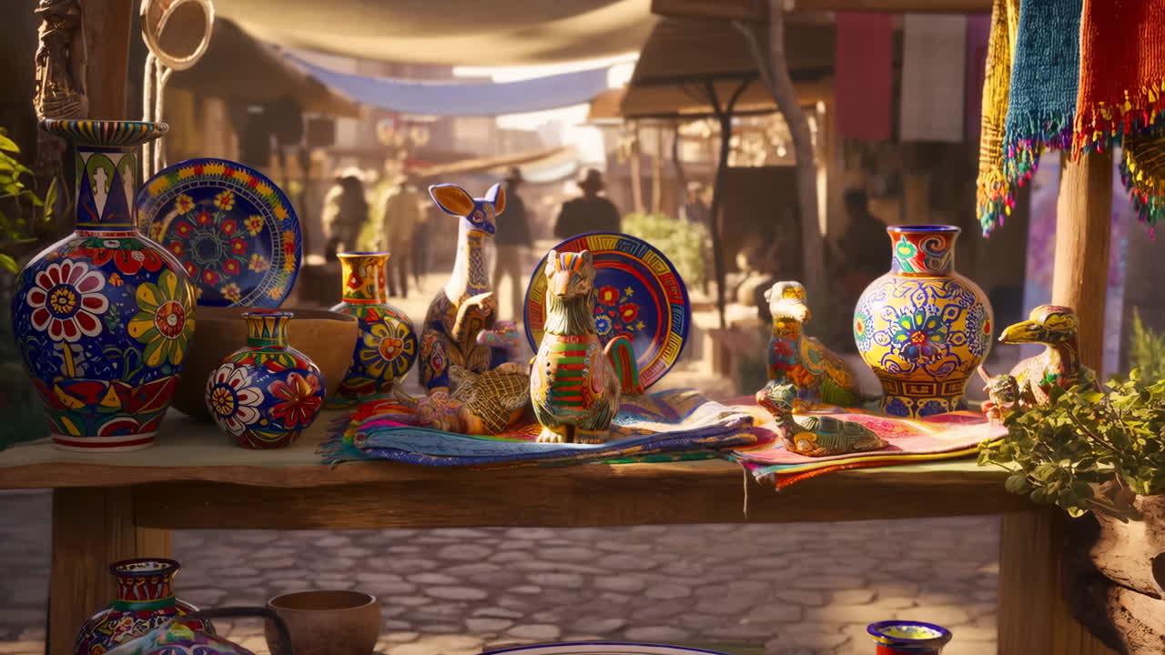 Display of Colorful Mexican Folk Art Ceramics at a Market