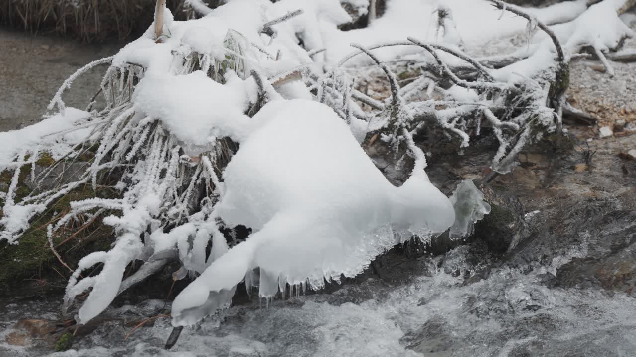 A shallow stream flows in the rocky riverbed. Icy branches hang above the water.