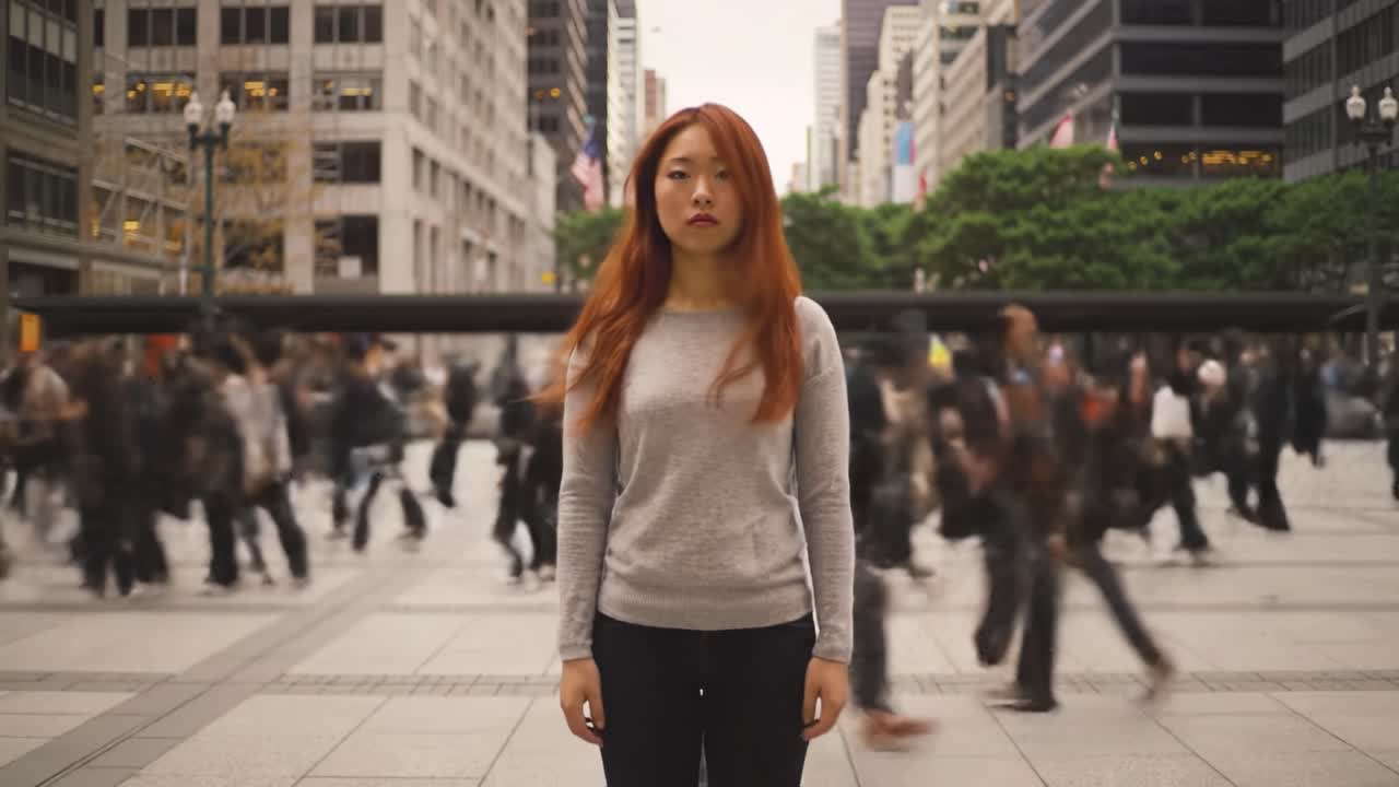 A young woman with long hair stands motionless in a bustling city square while people all around her move swiftly. The contrast highlights her serene presence in a lively environment.
