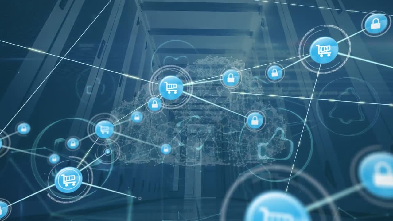 animación de la red de conexiones con iconos sobre la sala del servidor