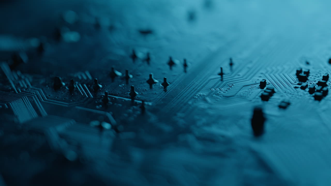 Closeup schematic controlling flow in electric grid motherboard. Macro view