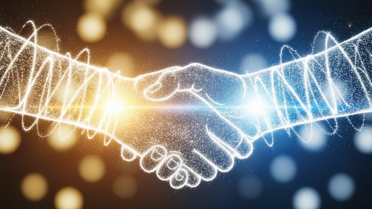 A Symbolic Representation of Unity and Collaboration Illuminated Through Glowing Hands Shaking in an Ethereal Atmosphere of Light and Energy