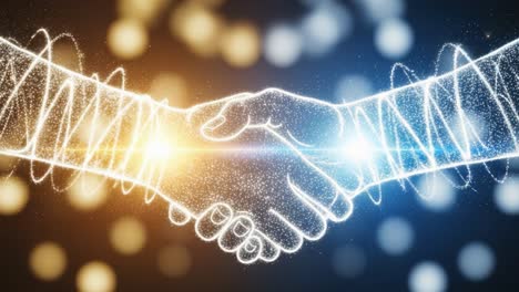 a symbolic representation of unity and collaboration illuminated through glowing hands shaking in an ethereal atmosphere of light and energy