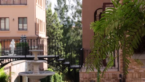 a serene garden with a fountain and fern