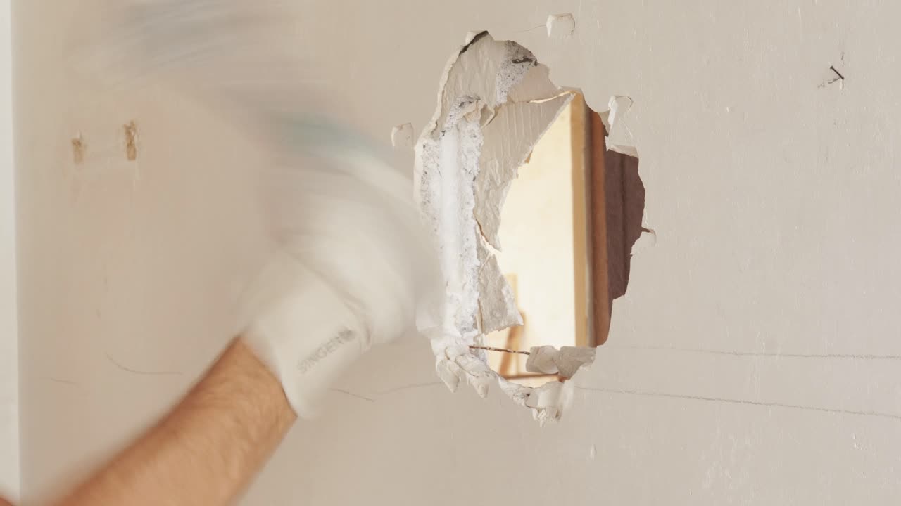 Mano che rompe un muro bianco con una mazza praticando un foro, inquadratura ravvicinata.