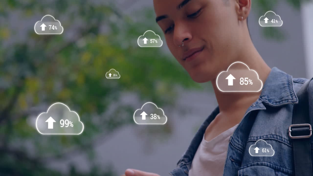 Animation of clouds with growing numbers over biracial man using smartphone