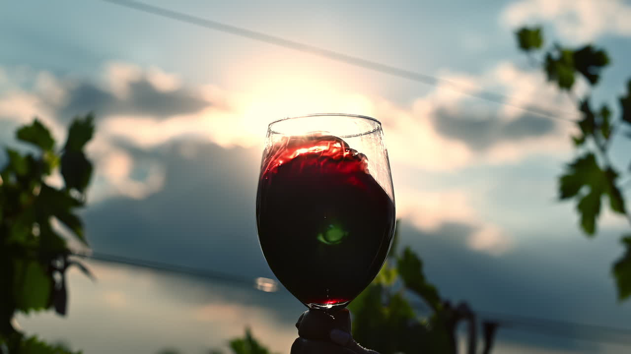 A hand holds a glass of red wine against a beautiful sunset, showcasing the rich colors of the sky and lush vineyard. The moment captures relaxation and enjoyment
