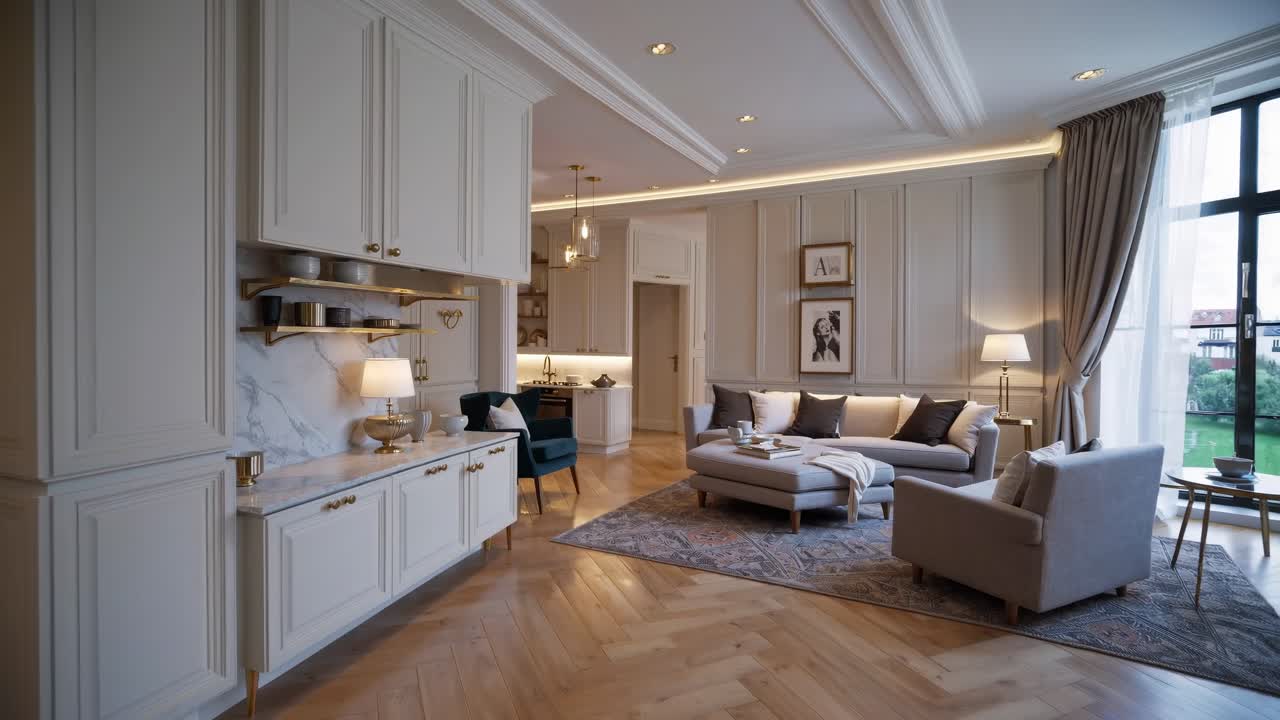 Elegant living room with a modern classic style, captured from a wide-angle