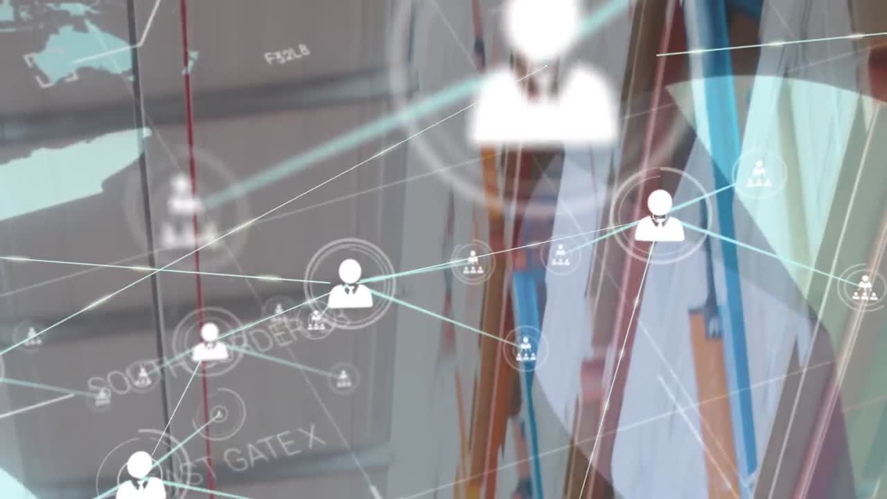 animación de la red de conexiones con iconos sobre el procesamiento de datos y el almacén