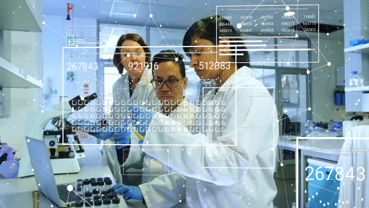 Animation of scientific data processing over diverse scientists in laboratory