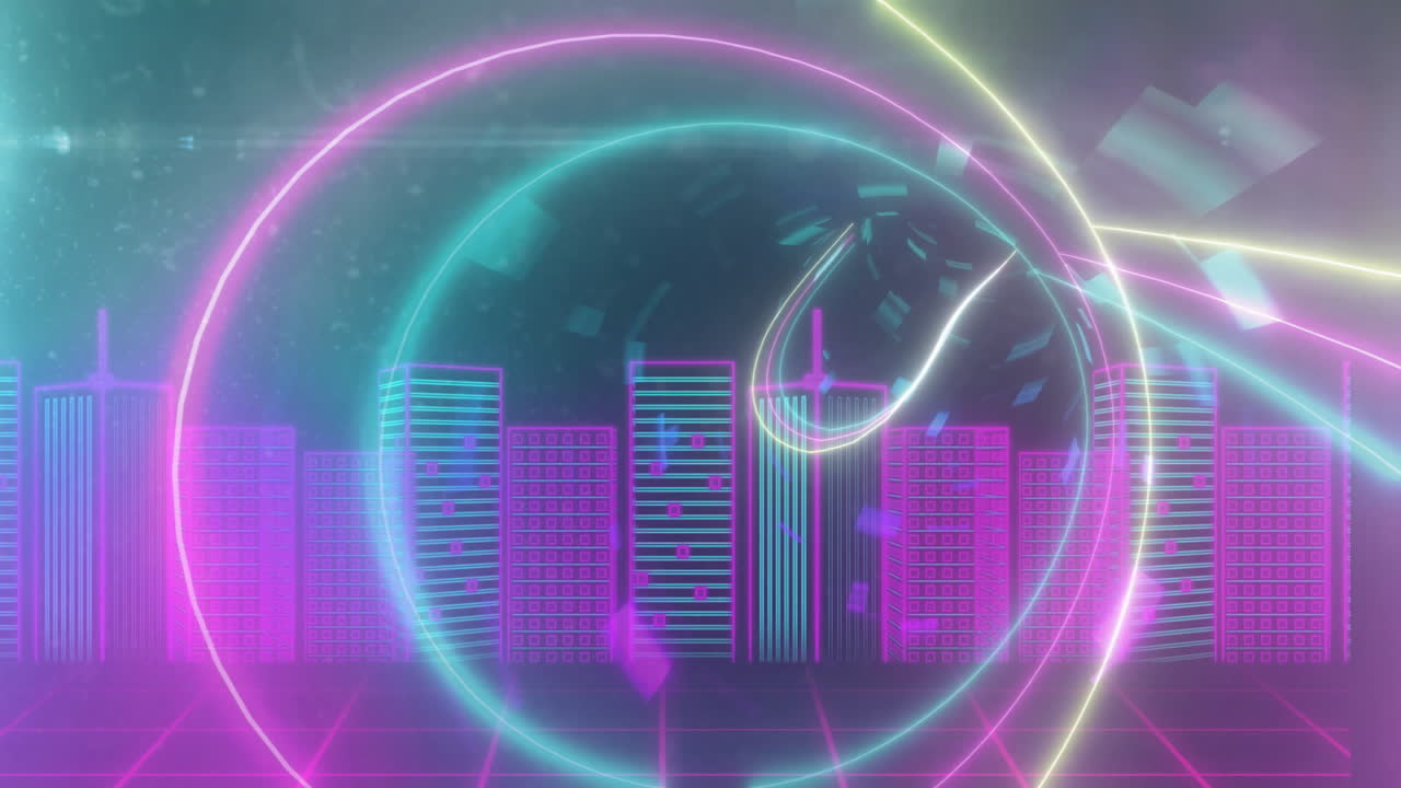 Neon cityscape with colorful geometric shapes and swirling light animation