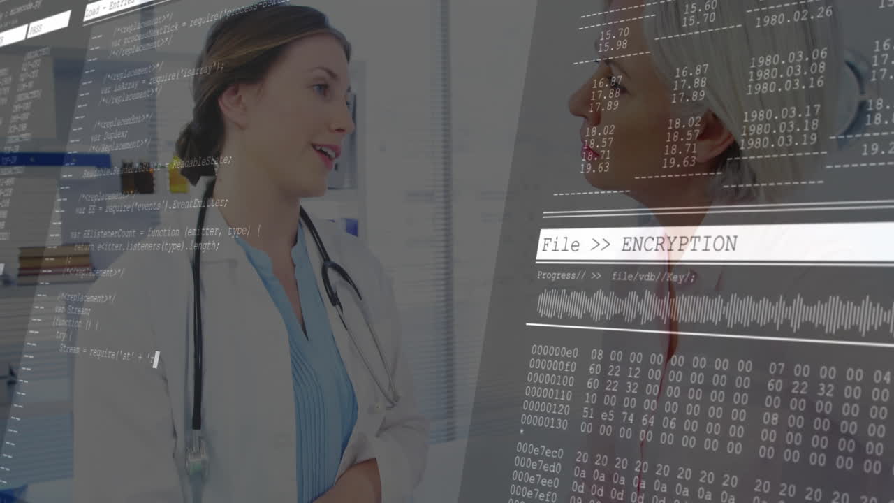 Two female doctors standing in office, showing animated encryption code and data overlays