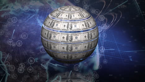 animation of globe made of american dollars spinning over world map