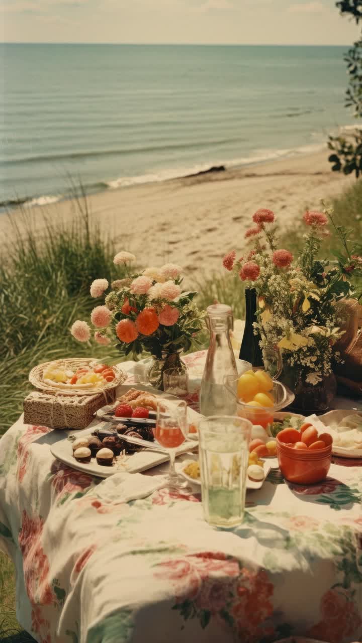 Vista aerea di un picnic in stile vintage sulla spiaggia, con fiori, frutta e bevande.