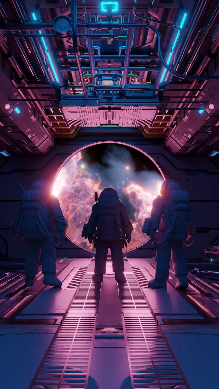 Astronauts observing nebula from spaceship