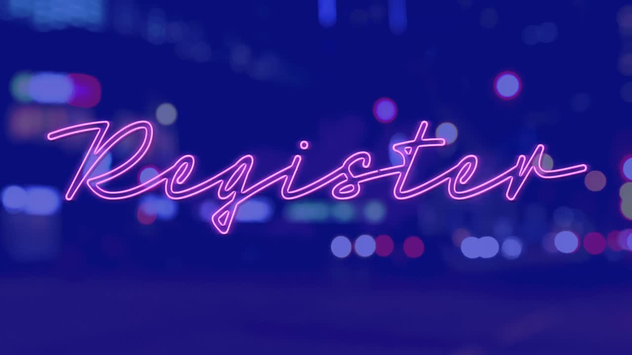 밤에 파란색 배경에 도시 풍경 위의 레지스터 텍스트의 애니메이션