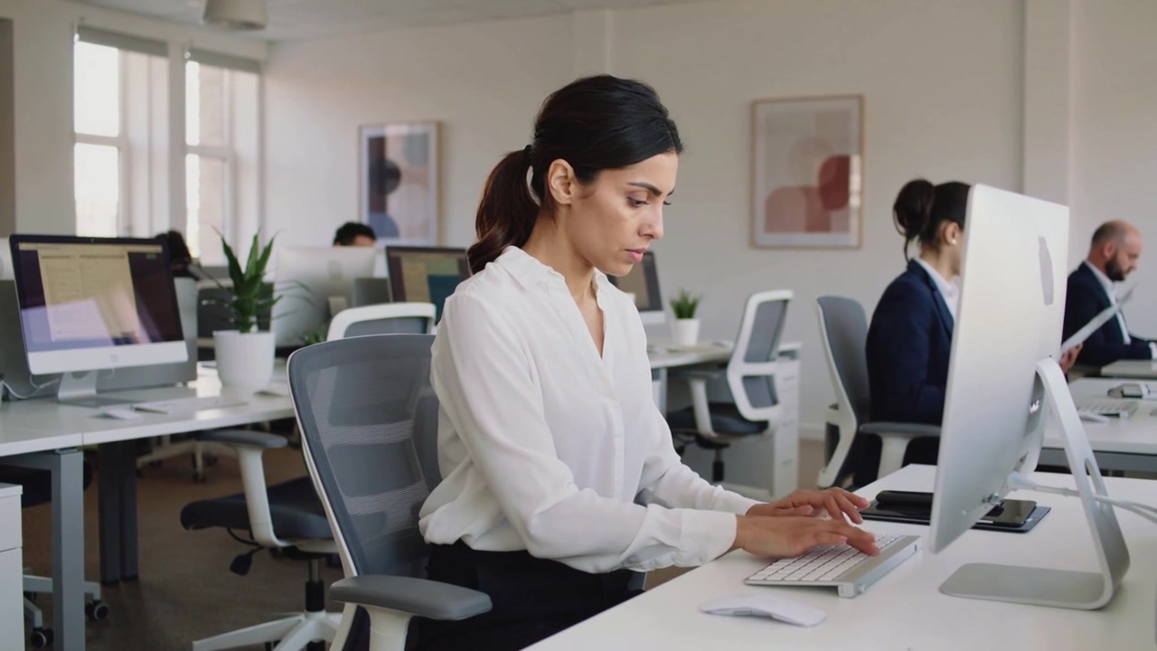 Mujer escribiendo con blusa blanca, inclinada hacia adelante en un escritorio de oficina abierta, usando monitor, teclado y smartphone