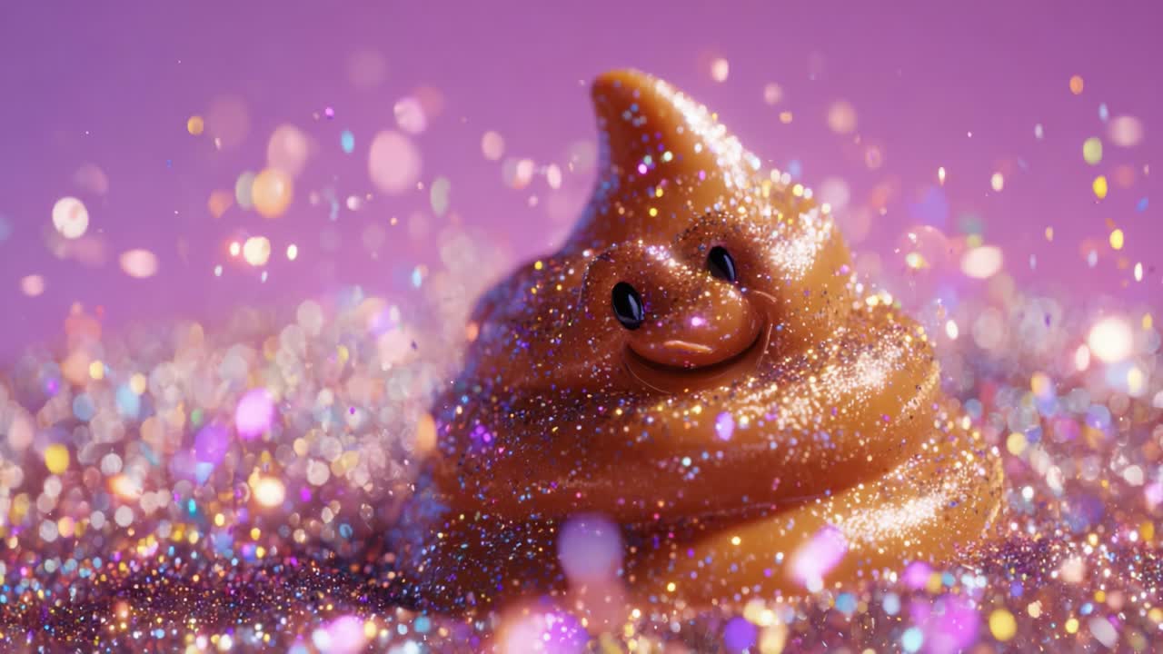 A playful, sparkling cartoon poop character smiles happily amidst a colorful, shiny glitter background, bringing a sense of joy and whimsy to the viewer in a fun and vibrant atmosphere