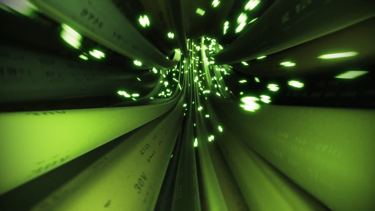 Wires cables dollar sign fly through data internet power circuit fiber 4k