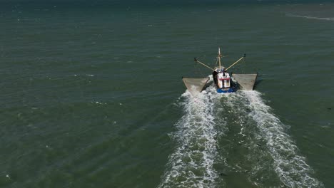 barco de pesca de arrastre grande, arrastre de redes grandes, bloque de gaviotas volando detrás del barco, dron de gran ángulo en cámara lenta, siguiendo detrás del barco
