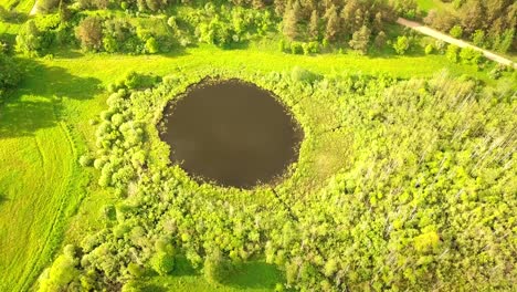 aerial flight from top bottom over an small lake with perfectly round shape.