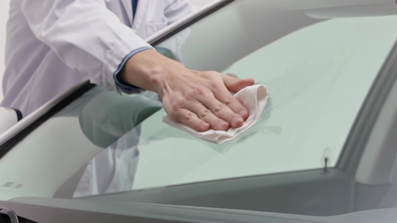Approaching technician in lab coat wiping car windshield with white cloth for cleaning in showroom