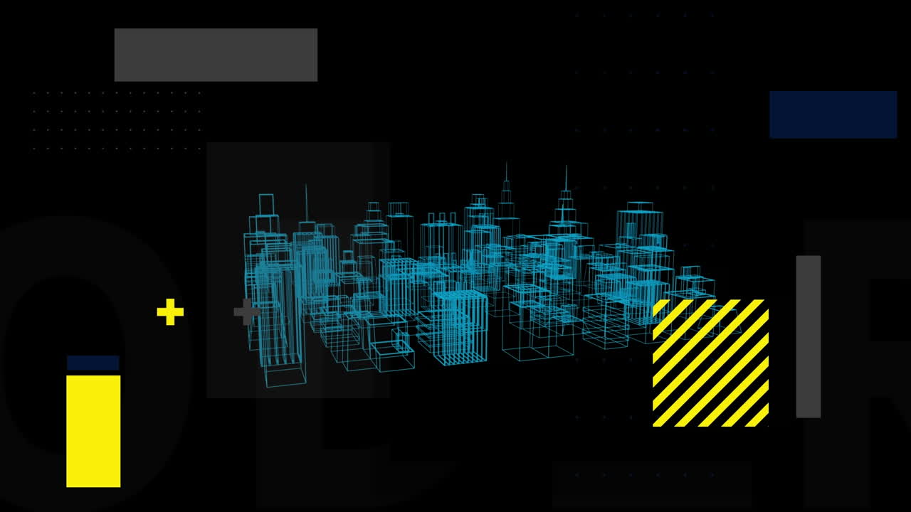 animación de formas que caen sobre el dibujo de la ciudad en 3d girando sobre un fondo negro