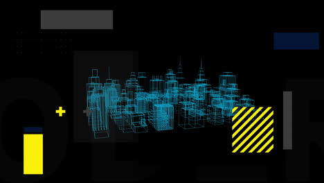 animation of falling shapes over 3d city drawing spinning on black background