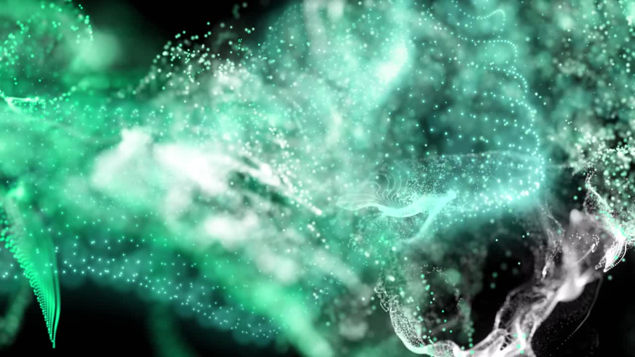 animación de partículas verdes y blancas que se mueven sobre fondo negro