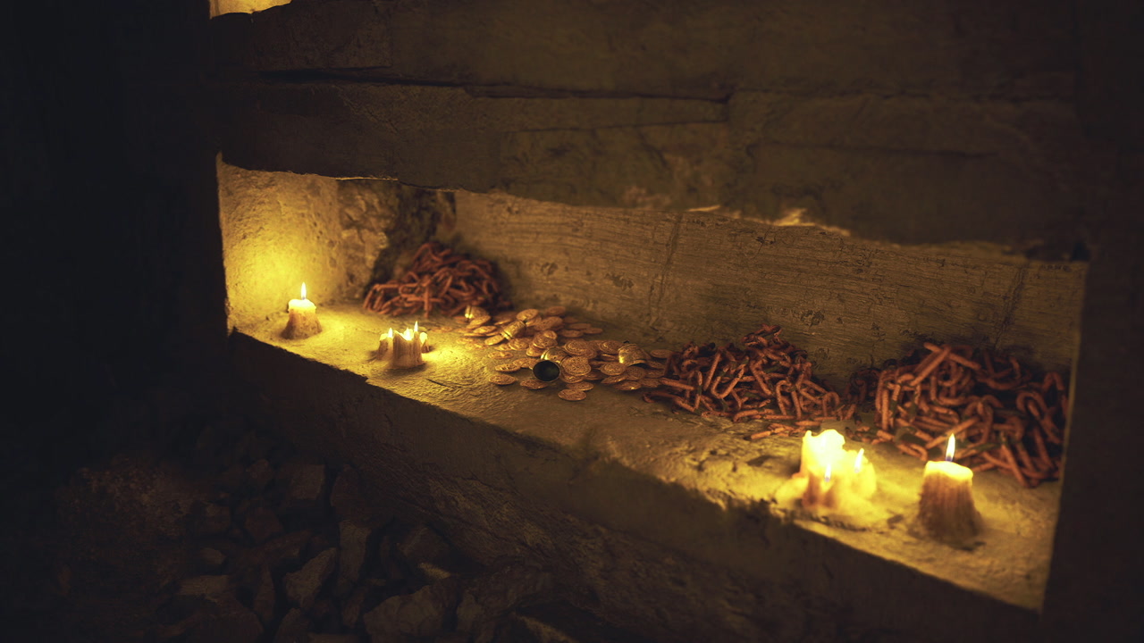 Timeworn stone staircase bathed in peaceful amber candle illumination