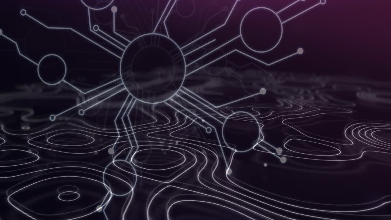 Animation of network of connections with icons with lines on purple background