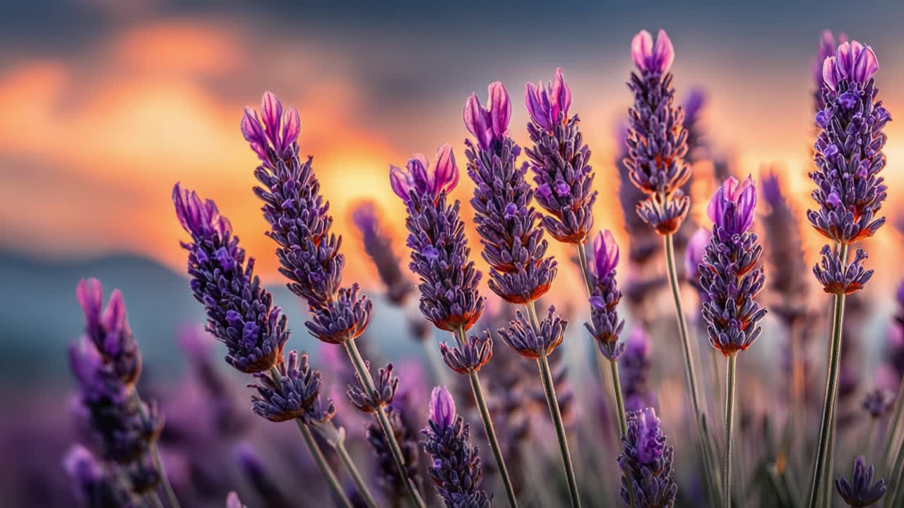 A Beautiful Display of Lavender Flowers Against a Vibrant Sunset Sky, Highlighting Nature's Colors and Intricate Details in a Captivating Scene