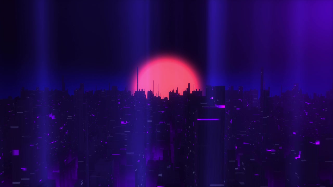 Skyline cyberpunk futuristico con sole al neon luminoso e grattacieli