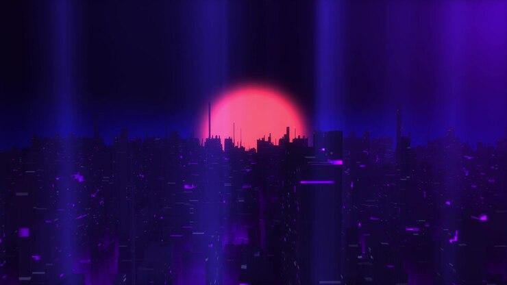 Futuristic Cyberpunk Skyline with Glowing Neon Sun and Skyscrapers