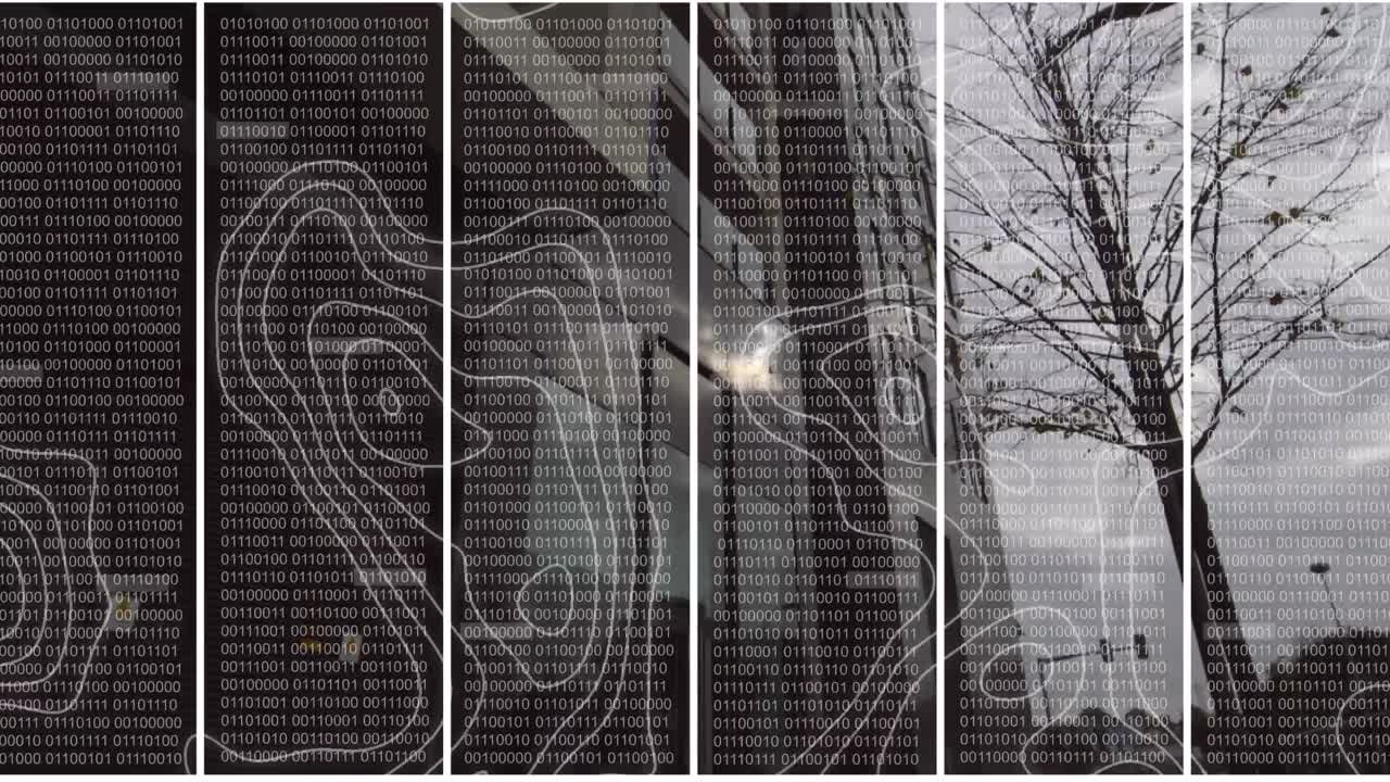 도시 풍경 위의 데이터 처리 애니메이션