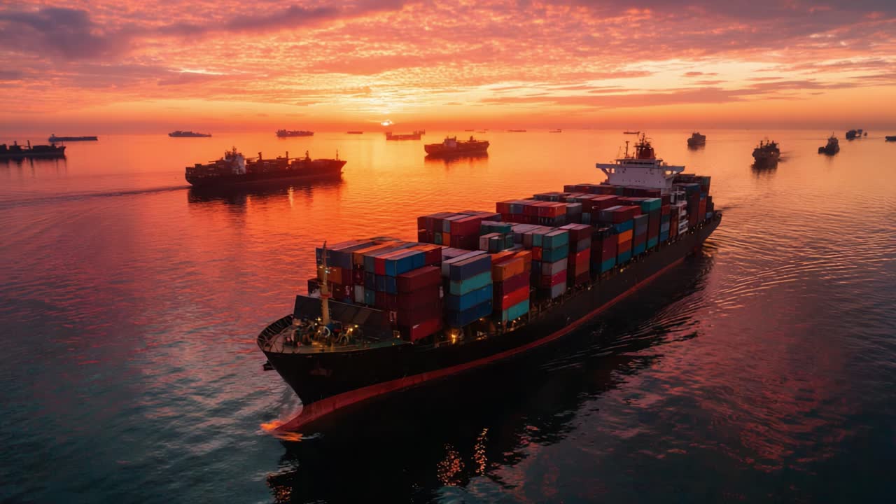 A Majestic Container Ship Navigates Calm Waters at Sunset, Surrounded by Other Vessels Against a Stunning Multicolored Sky Reflecting Over the Ocean