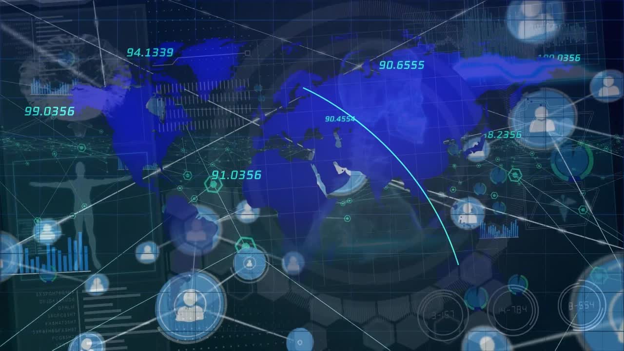 검은색 배경에 데이터 처리 및 세계 지도에 대한 연결 네트워크의 애니메이션