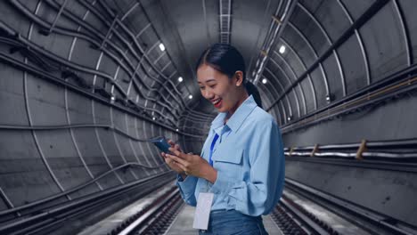 side view of asian female with her smartphone in underground subway tunnel, checking on her smartphone with meditation